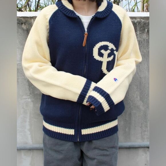 Champion Japan C8-A606 Varsity Knit Zip Jacket Navy Wool Blend Unisex Rare - Picture 4 of 10